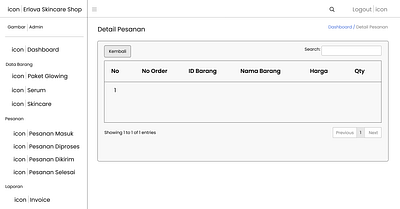 Erlova skincare website wireframe of order details view. branding figma lo fidelity skincare website wireframe