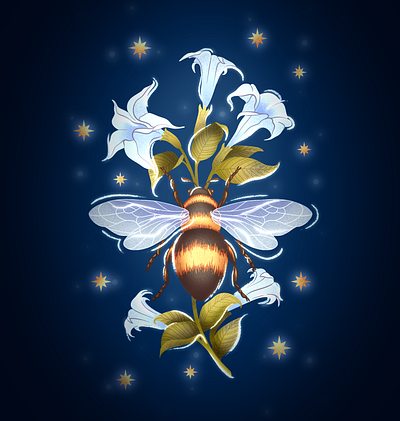Midnight Nectar Tales bee digital art feminine floral flowers honey illustration
