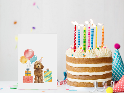 Birthday Card Design & Mockup birthday card design digital illustration dog doodle ecommerce greeting card illustration poodle watercolor