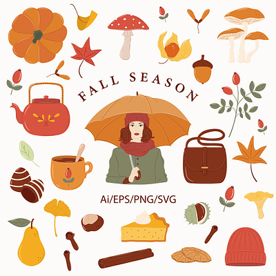 Fall season illustration set autumn forest autumn illustration set digital illustrations digital stickers fall graphics harvest illustrations