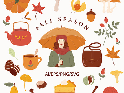 Fall season illustration set autumn forest autumn illustration set digital illustrations digital stickers fall graphics harvest illustrations