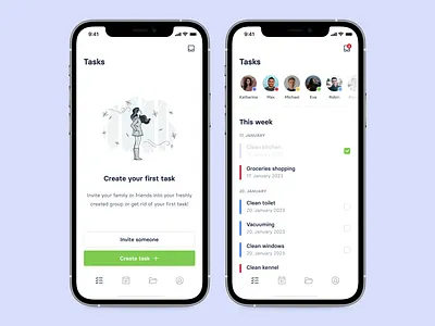 FamPlan – Sharable Tasks App app avatars checklist empty state intro ios list minimal profiles simple tasks ui