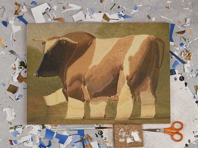 Bull after Brascassat, studio animal animals bull collage illustration paper paper collage portrait studio work