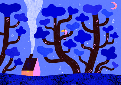 House by the Trees blue cute home house illustration moon night pink procreate stars toucan whimsical