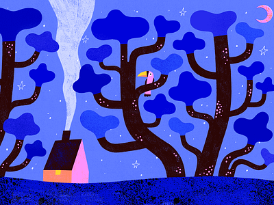 House by the Trees blue cute home house illustration moon night pink procreate stars toucan whimsical