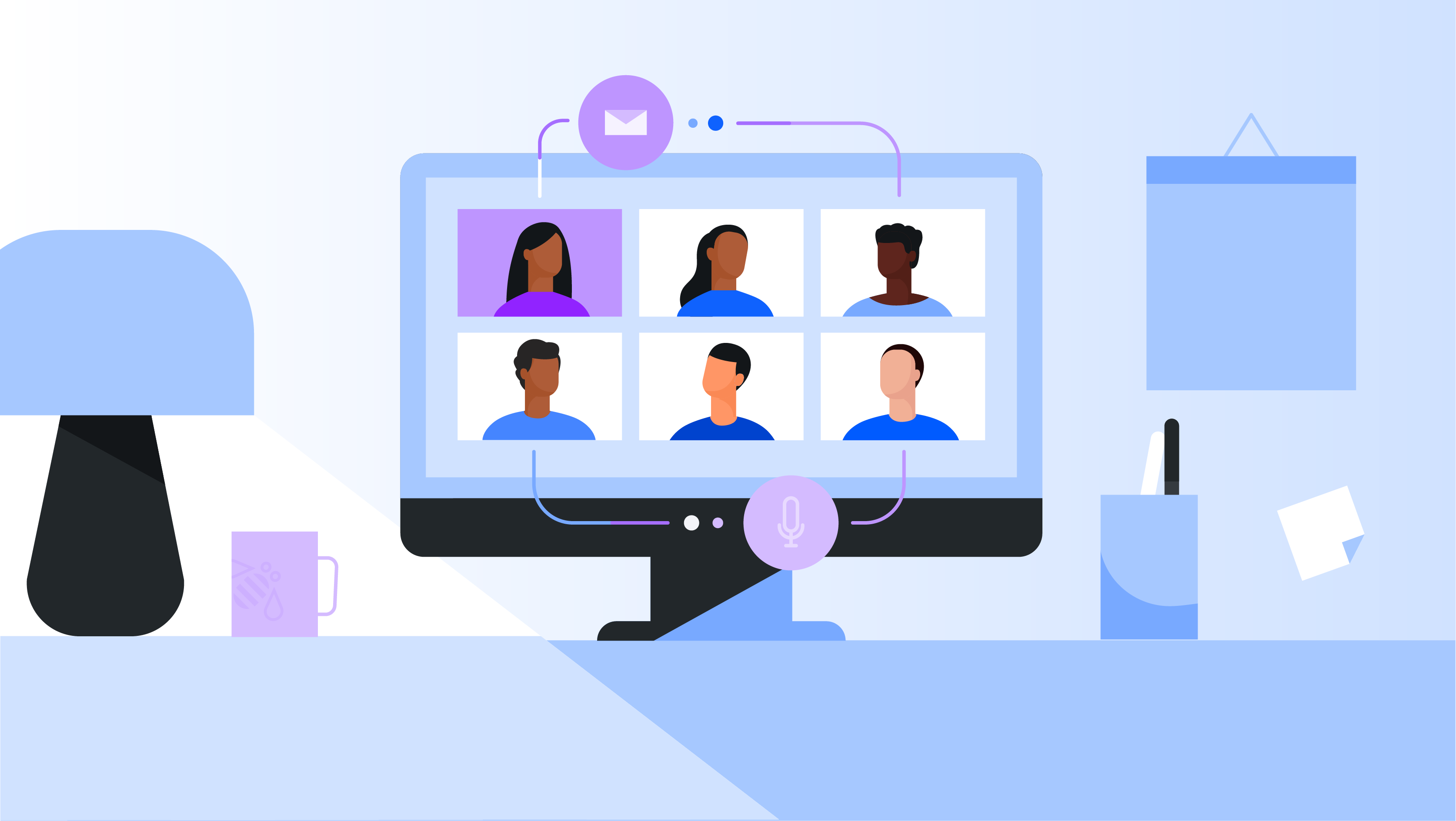 virtual collab calender characters chat design gradients illustration lamp light meeting people scene virtual webex