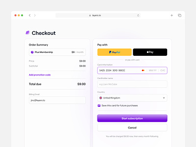 Layers – Checkout Page checkout checkout page clean clean ui concept credit card credit card page design figma interface ui ui design uiux web app web design