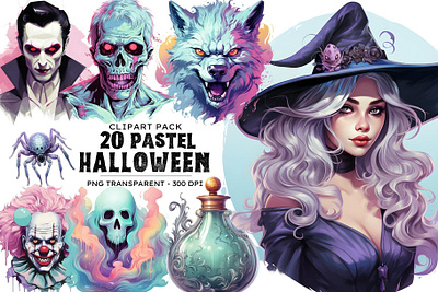 20 Watercolor Pastel Halloween Clipart clipart digital gothic halloween halloween png horror illustration jack o lantern joker pastel pink png rose skull spider spooky vampire witch