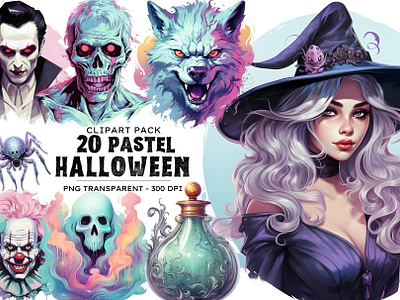 20 Watercolor Pastel Halloween Clipart clipart digital gothic halloween halloween png horror illustration jack o lantern joker pastel pink png rose skull spider spooky vampire witch