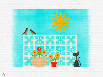 Mid-century Style Illustration #3_BRD_9-6-23 bird breeze block cat design flower illustration illustrator mid century procreate brushes retro