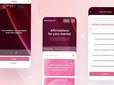 A mobile app to elevate your reality -Manifestie affirmations app calm design fitness healhtcare interface meditation mental health mindful relax app self care therapy ui ux wellness yoga