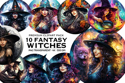 10 Fantasy Witch Clipart fantasy halloween illustration shirt design sublimation witch witch hat witch png witchcraft