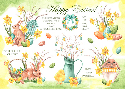 Easter watercolor illustration set. greeting card