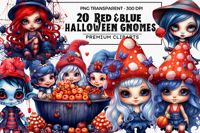 Red & Blue Halloween Gnomes Clipart blue clipart cute cute halloween gnome gnomies halloween illustration png red