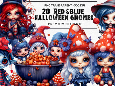 Red & Blue Halloween Gnomes Clipart blue clipart cute cute halloween gnome gnomies halloween illustration png red