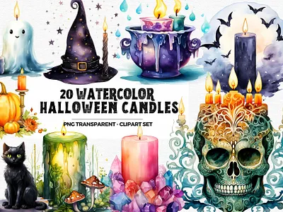 Watercolor Halloween Candles Clipart black cat candles clipart creepy digital art halloween illustration pumpkin skulls spooky sublimation watercolor