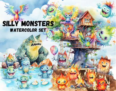 Silly Monsters - Watercolor aiart clipart clipart collection clipart set cute clipart cute monsters illustration kids birthday midjourney monsters watercolor watercolor clipart