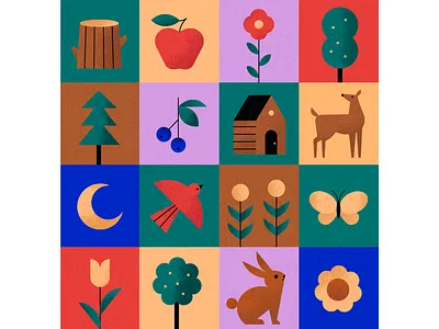 Woodland Things apple bird butterfly cabin deer flower forest garden illustration moon nature rabbit tree tulip vector woodland