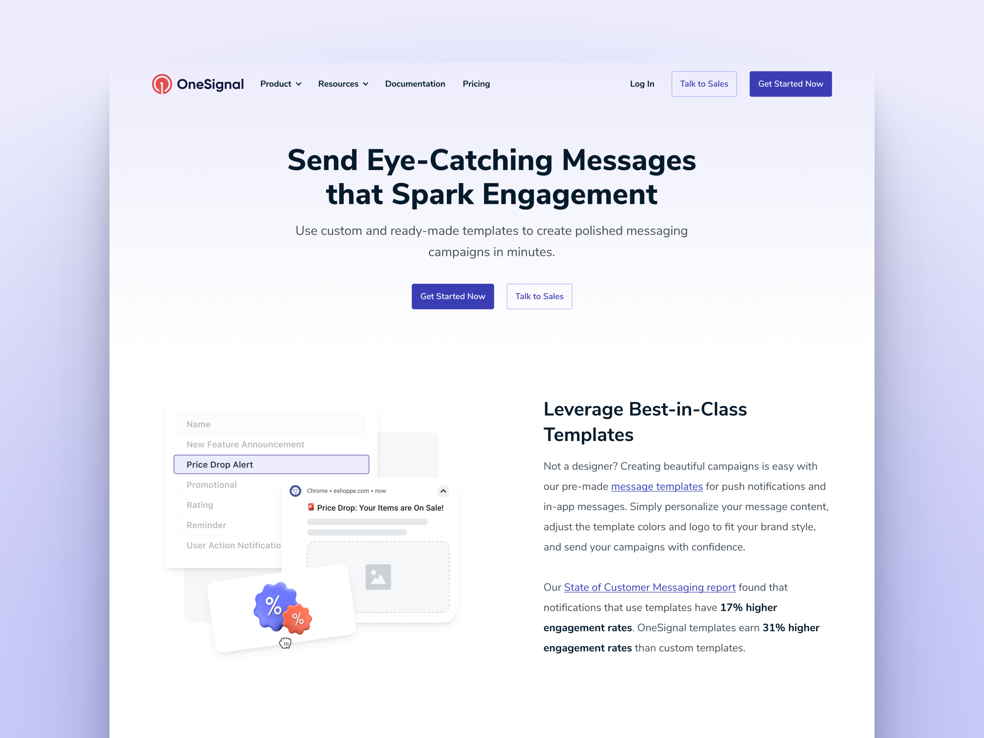 OneSignal Templates Page message messaging notification onesignal push ui