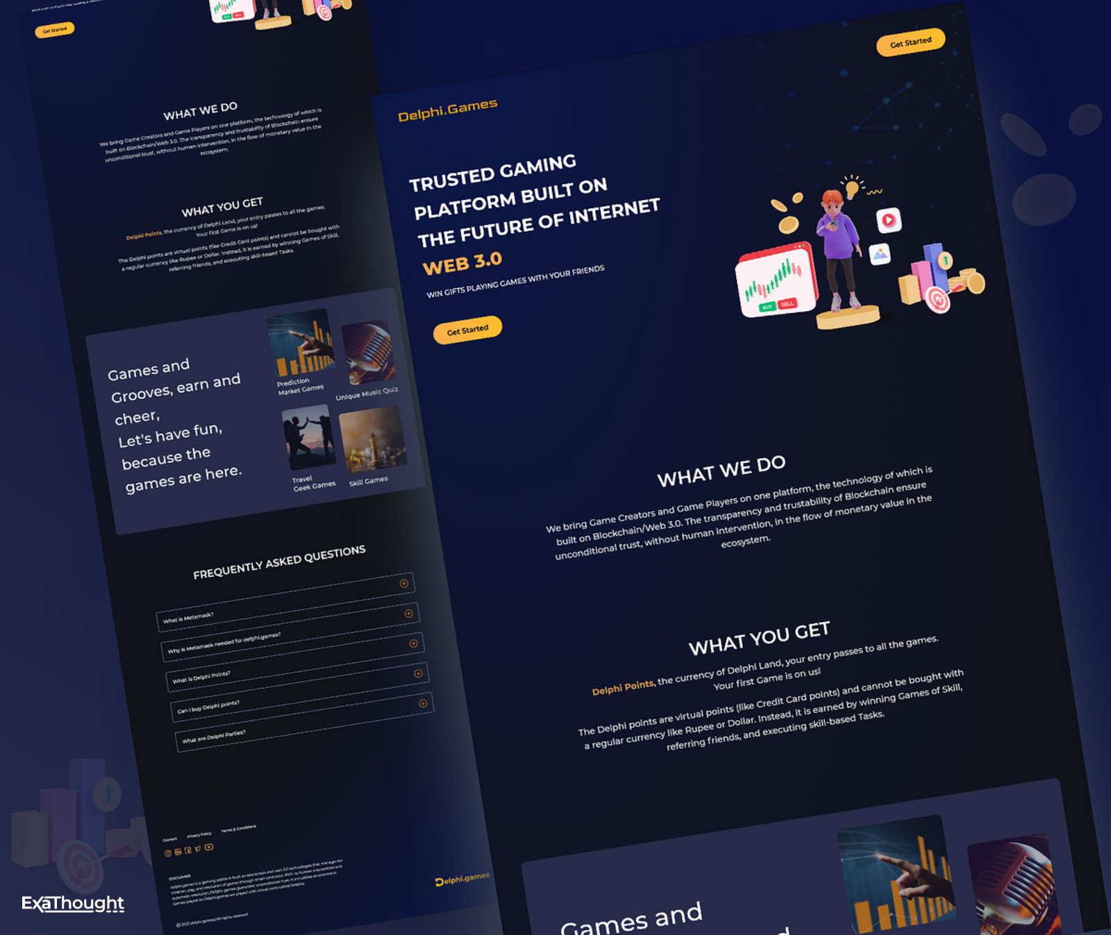 Delphi.Games - A gaming masterpiece | Blockchain | NFTs 3d illustration banner blockchain blue branding buy challenges dark theme design games gaming hero image music games nft quiz sell token travel games ui ux website