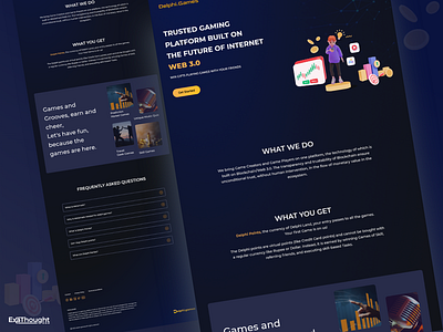 Delphi.Games - A gaming masterpiece | Blockchain | NFTs 3d illustration banner blockchain blue branding buy challenges dark theme design games gaming hero image music games nft quiz sell token travel games ui ux website