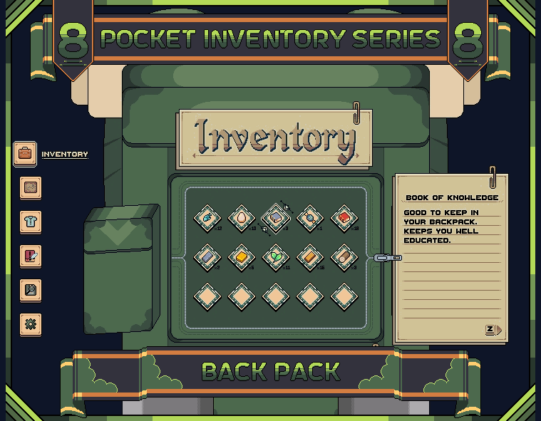 Pocket Inventory Series #8 : BackPack 16 bit 2d animation asset pack gui humblepixelofficial pixel art png sprites top down unity user interface (ui)