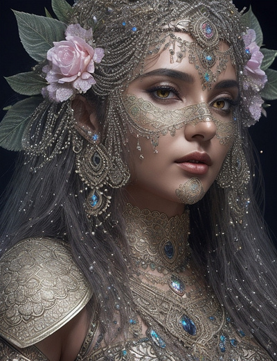 Enchanting Druid Hindi Woman in Intricate Armor 3d branding digital art etherealbeauty graphic design motion graphics vector