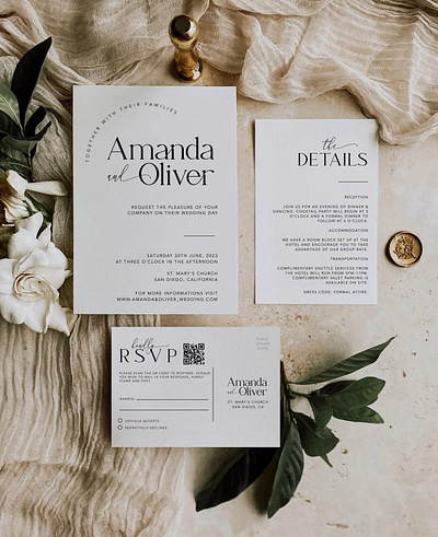 Minimalist Wedding Invitation, RSVP and Detail Cards Editable