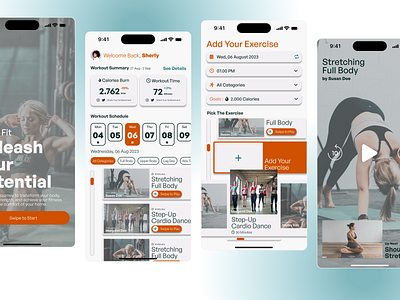 PowerFit - Fitness Workout Mobile App Dark Light Mode dark mode design exercise exercise app fitness fitness app gym gym app interface light mode minimalistic mobile apps mobile screens modern product design training app ui design userexperience workout workout app