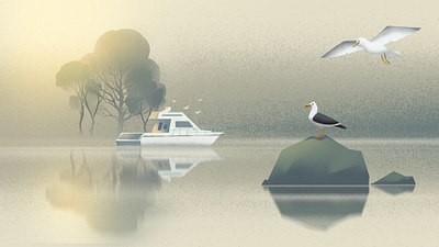 landscape illustration river side view _ Sun rise 2d 2d illustration birds boat character design illustration illustrations india landscape lighting mood morning sun nature river river site sunrise sunset trees