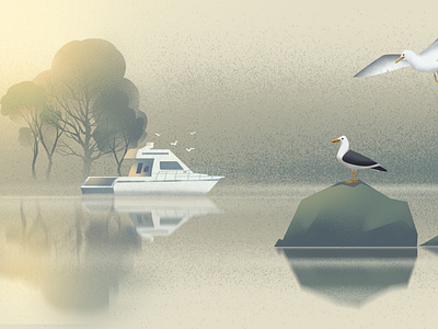 landscape illustration river side view _ Sun rise 2d 2d illustration birds boat character design illustration illustrations india landscape lighting mood morning sun nature river river site sunrise sunset trees