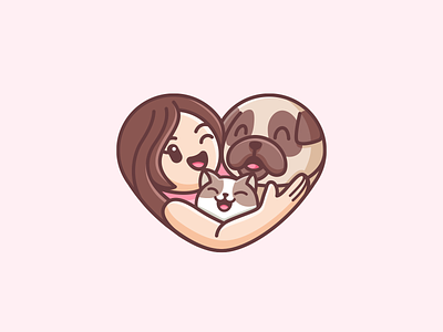 Girl / Dog / Cat / Love adorable care cartoon cat cute dog female feminine girl heart hug identity illustrative logo logo love pet pet grooming pug simple woman