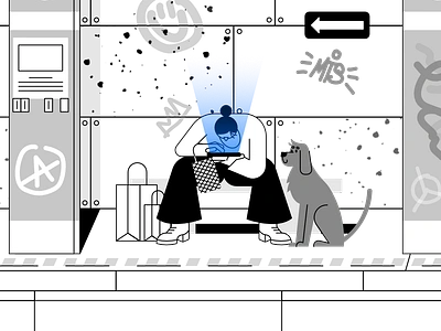 Train station 2d back home character design dog flat friend grafitti illustration metro public transport shoping train transport ui waiting