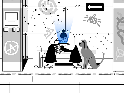 Train station 2d back home character design dog flat friend grafitti illustration metro public transport shoping train transport ui waiting