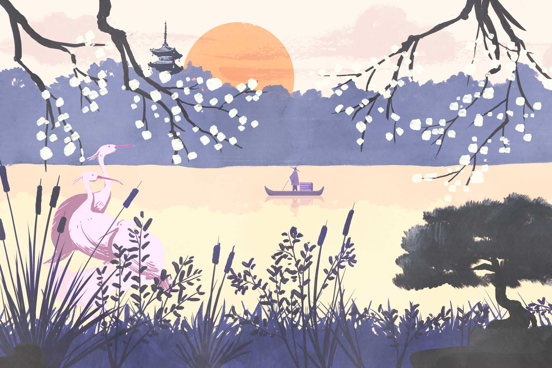 Cartilla / Wallpaper Art - Japan 1 colorful cps heron illustration japan lake ps sun wallpaper wallpaper art