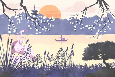 Cartilla / Wallpaper Art - Japan 1 colorful cps heron illustration japan lake ps sun wallpaper wallpaper art