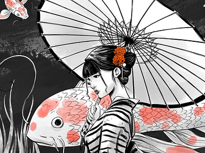 Cartilla / Wallpaper art - Geisha 1 clip studio paint digital art geisha illustration japan koi photoshop wallpaper wallpaper art