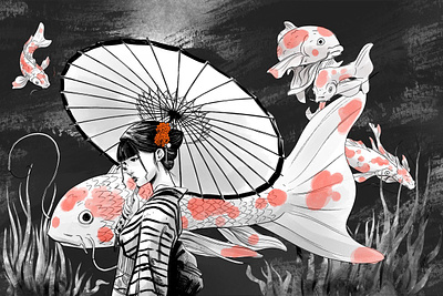 Cartilla / Wallpaper art - Geisha 1 clip studio paint digital art geisha illustration japan koi photoshop wallpaper wallpaper art