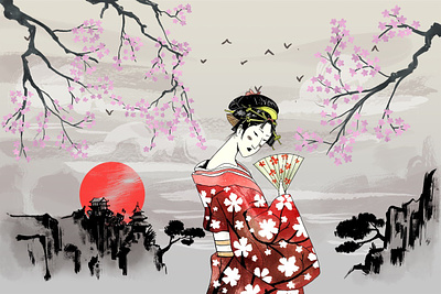 Cartilla / Wallpaper art - Geisha 2 clip studio paint digital art geisha illustration japan photoshop sumi e wallpaper wallpaper art