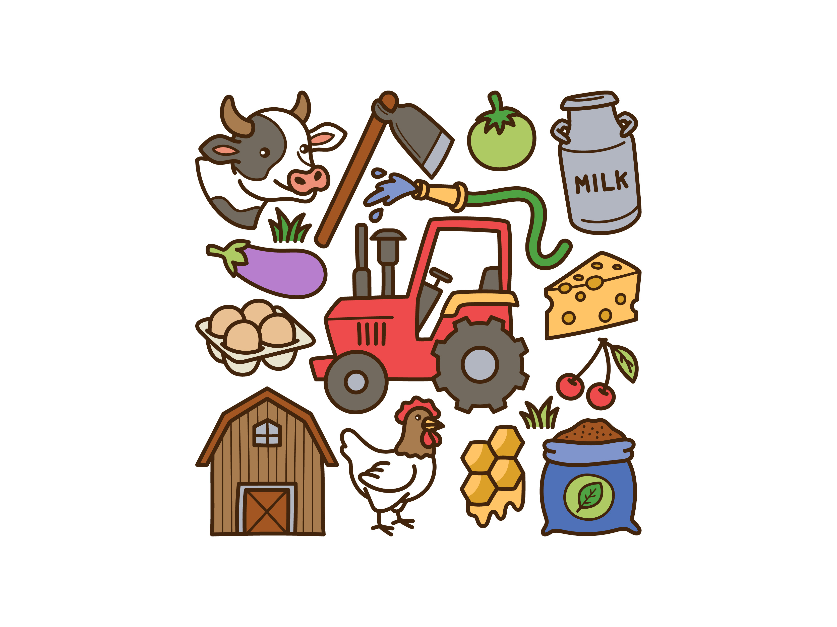 Farming Doodle Set chicken cow cute doodle farming illustration milk milkcan rooster vector