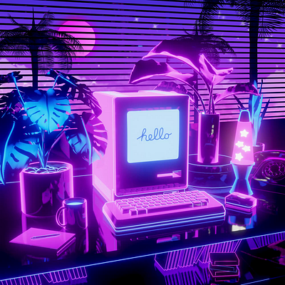 Vibing in 1984 3d 3d animation animation artwork computer design gif glow glowing illustration key visual loop mac motion motion graphics pc retro retrowave synthwave ui