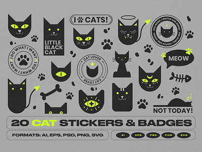 Cat Stickers & Badges animal badge blackcats bohemian cat cute evil fish halloween kawaii kitten kitty logo magic meow pet scary stamp sticker tattoo