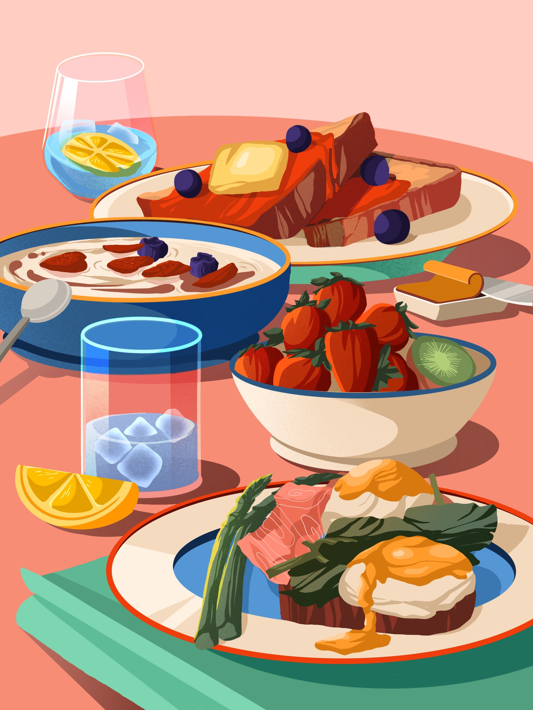 Breakfast asparagus breakfast butter drink eggs food food illustrations leeart lemon menu porridge salmon strawberry water