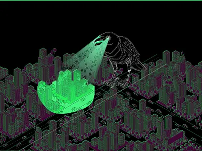 Raven Hunting for Info - Isometric above the fold dark illustration illustration illustrator isometric isometric illustration orthogonal orthogonal illustration vector illustration website animation website illustration