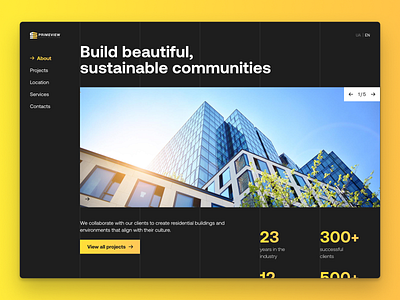 Building company landing page black brutalism building company construction dark figma flat gradient graphic design hero landing page lp onepage photoshop real estate sidebar ui ux