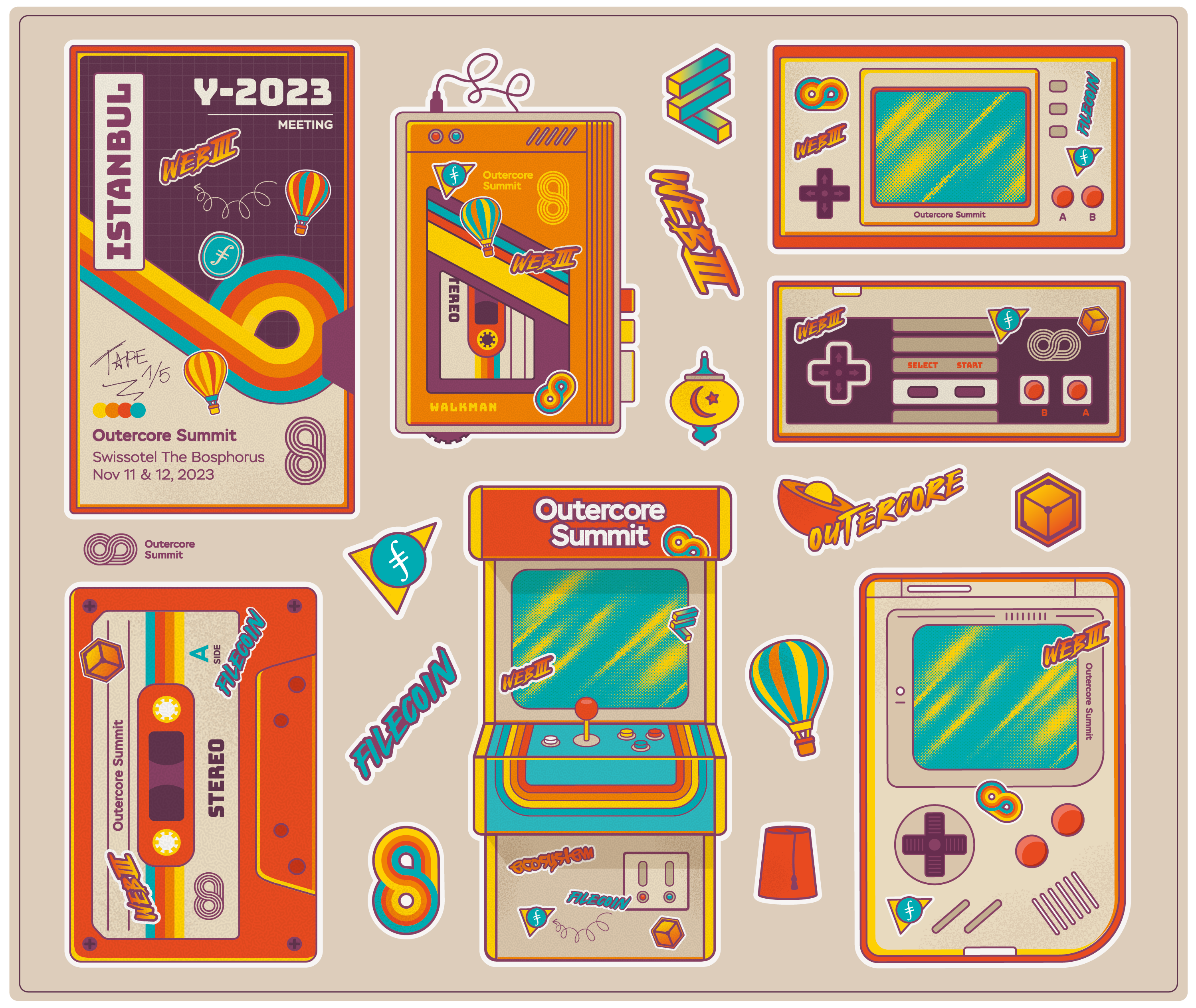 Summit Stickers 80s arcade brand cassette colors design filecoin gameboy illustration ipfs logo nintendo stickers vhs walkman