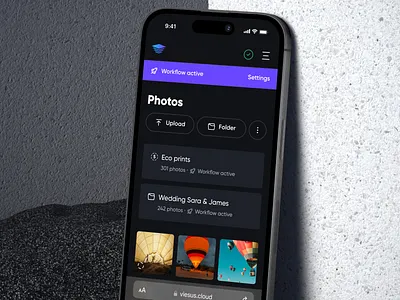 Viesus Cloud - Mobile dark mode folders images photos purple responsive select thumbnails web app website workflow