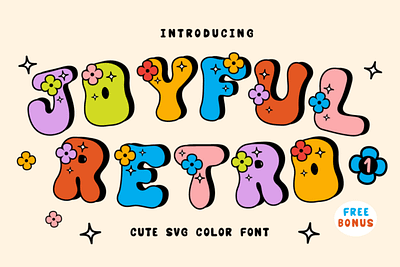 Joyful Retro Font branding cute font design font graphic design illustration joyful retro font logo retro font svg color font t shirt design vector
