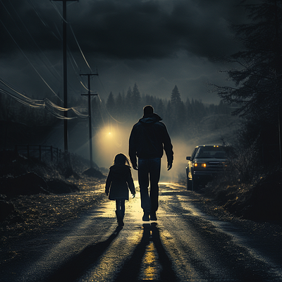 Fathe and doughter on the dark road illustration