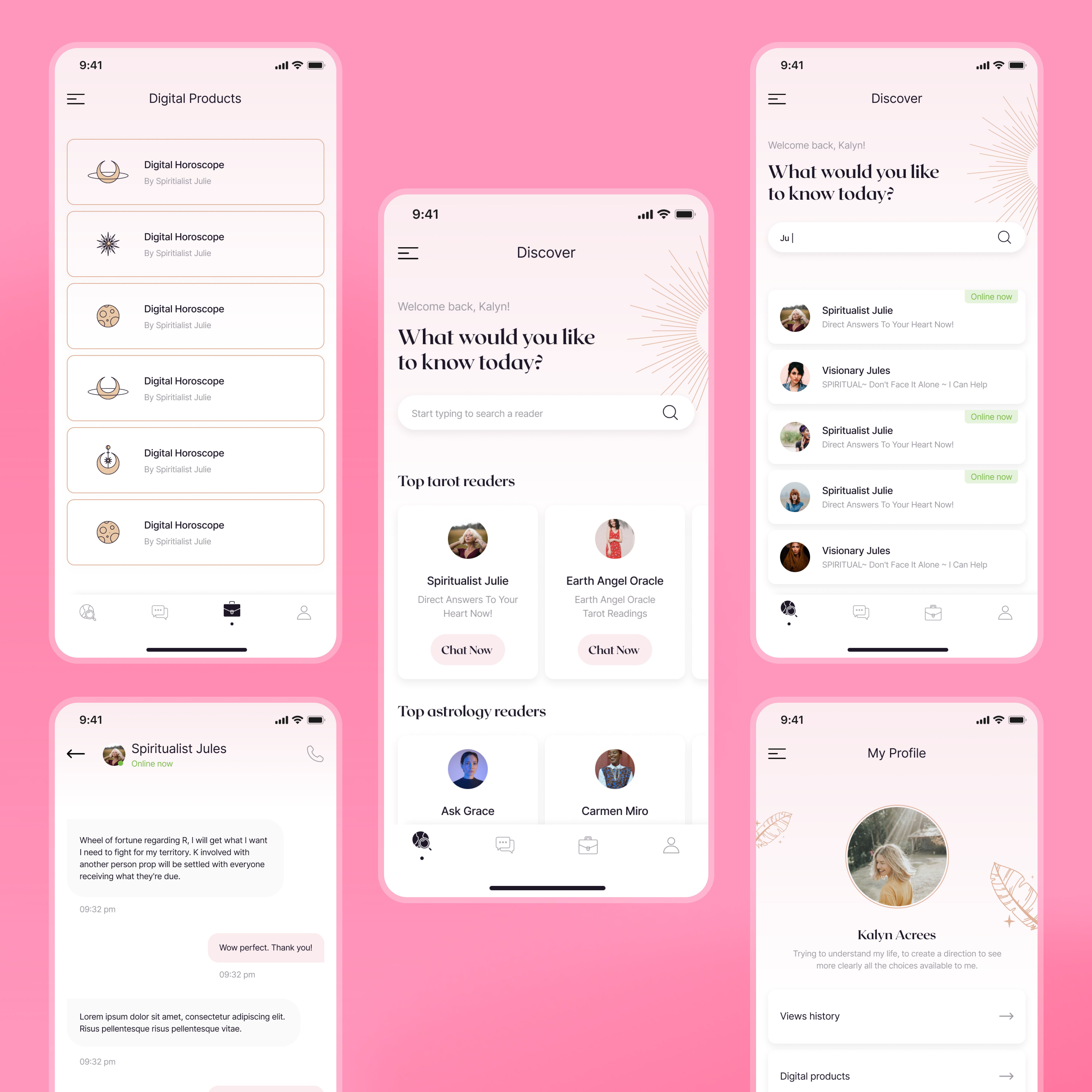 Psychic Readings Mobile App app ui astrology chat clean digital products horoscope love magic minimal mobile app pink profile psychic readings readers spiritual tarot ui woman app